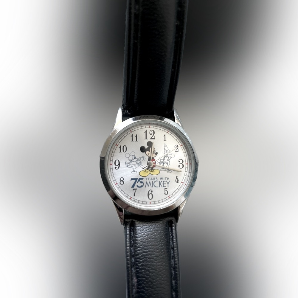 Disney 75 Years with Mickey vintage silver and black leather watch. Some wear OS